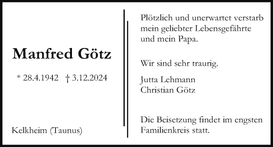 Traueranzeige von Manfred Götz von Wetterauer Zeitung, Wetterauer Zeitung