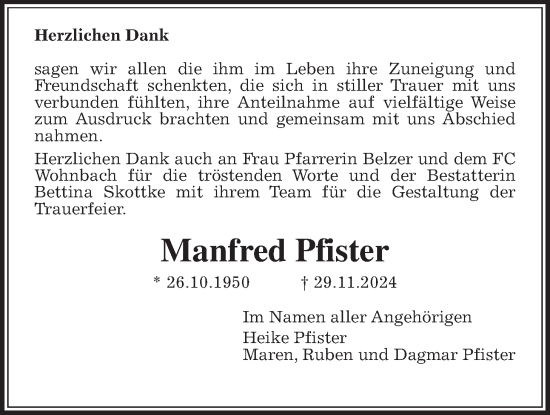 Traueranzeige von Manfred Pfister von Wetterauer Zeitung, Wetterauer Zeitung