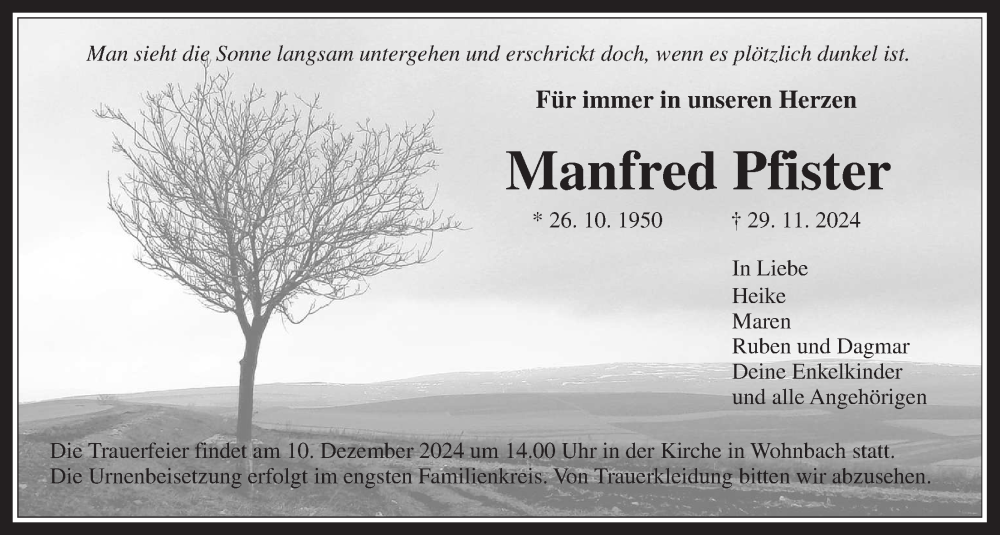  Traueranzeige für Manfred Pfister vom 07.12.2024 aus Wetterauer Zeitung