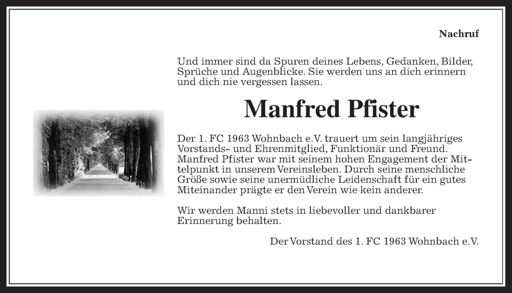  Traueranzeige für Manfred Pfister vom 07.12.2024 aus Wetterauer Zeitung