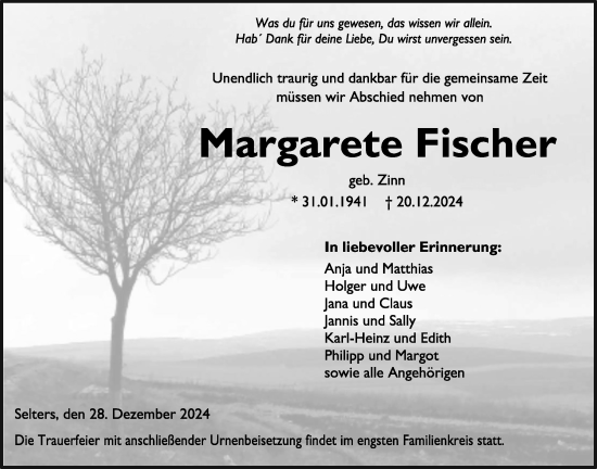 Traueranzeige von Margarete Fischer von Kreis-Anzeiger
