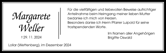 Traueranzeige von Margarete Weller von Giessener Allgemeine, Alsfelder Allgemeine, Giessener Anzeiger