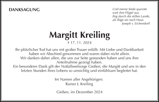 Traueranzeige von Margitt Kreiling von Giessener Allgemeine, Alsfelder Allgemeine, Giessener Anzeiger, Giessener Allgemeine, Alsfelder Allgemeine, Giessener Anzeiger