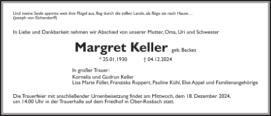 Traueranzeige von Margret Keller von Wetterauer Zeitung