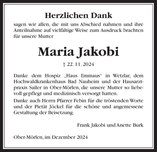 Traueranzeige von Maria Jakobi von Wetterauer Zeitung