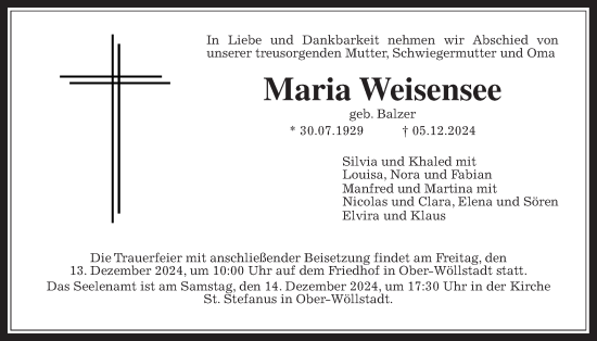 Traueranzeige von Maria Weisensee von Wetterauer Zeitung