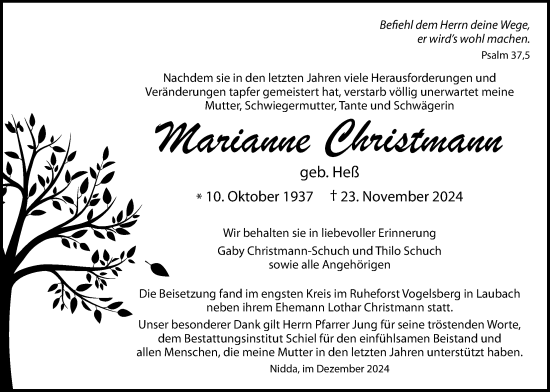 Traueranzeige von Marianne Christmann von Laubacher Anzeiger, Bad Vilbel/Karben