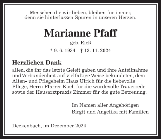 Traueranzeige von Marianne Pfaff von Alsfelder Allgemeine, Oberhessische Zeitung, Alsfelder Allgemeine, Oberhessische Zeitung