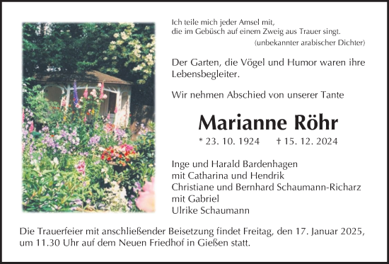 Traueranzeige von Marianne Röhr von Giessener Allgemeine, Alsfelder Allgemeine, Giessener Allgemeine, Alsfelder Allgemeine