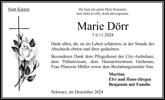 Traueranzeige von Marie Dörr von Oberhessische Zeitung