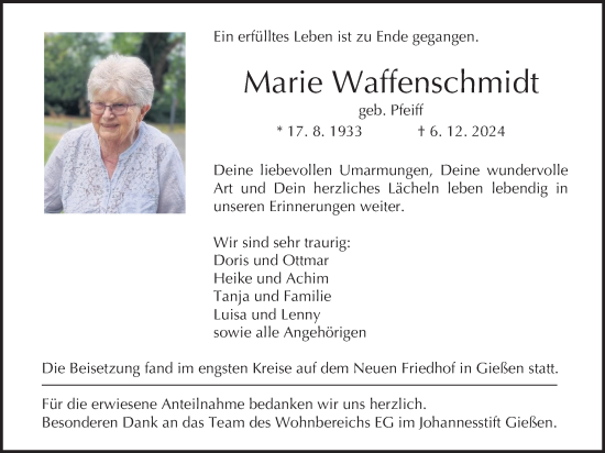 Traueranzeige von Marie Waffenschmidt von Giessener Allgemeine, Alsfelder Allgemeine, Giessener Allgemeine, Alsfelder Allgemeine