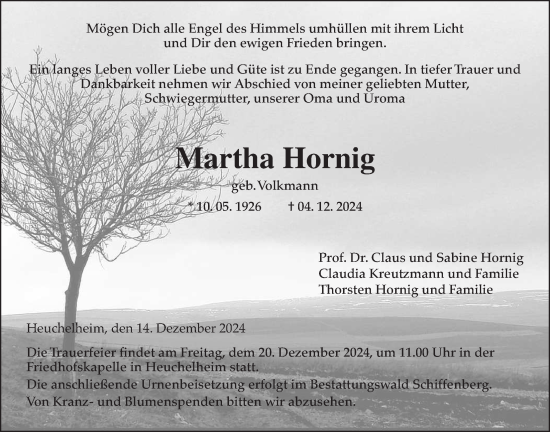 Traueranzeige von Martha Hornig von Giessener Anzeiger