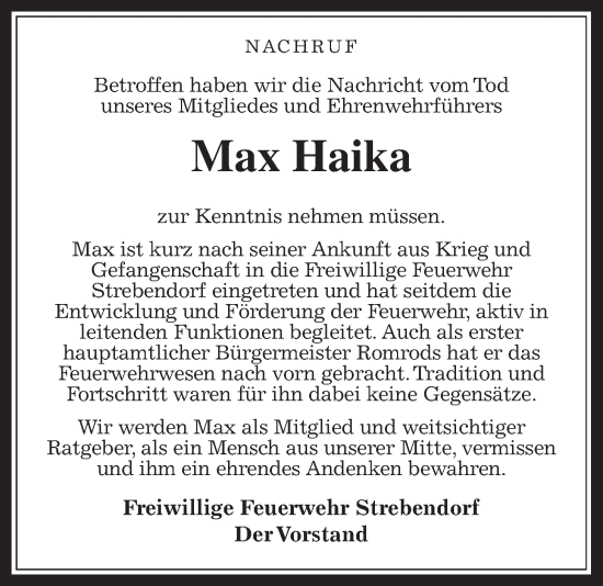 Traueranzeige von Max Haika von Oberhessische Zeitung
