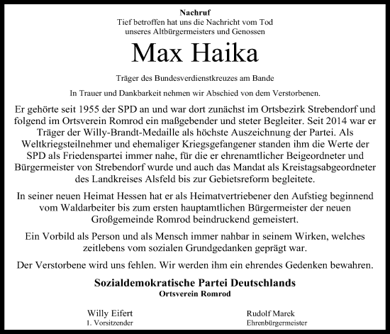 Traueranzeige von Max Haika von Oberhessische Zeitung, Alsfelder Allgemeine