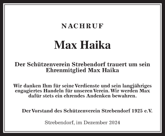 Traueranzeige von Max Haika von Oberhessische Zeitung
