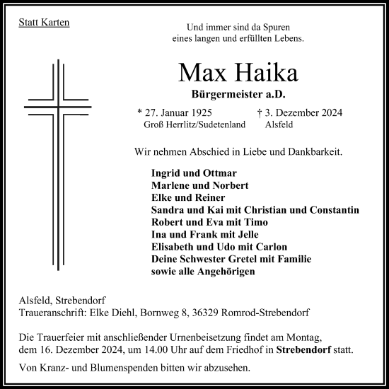 Traueranzeige von Max Haika von Oberhessische Zeitung, 