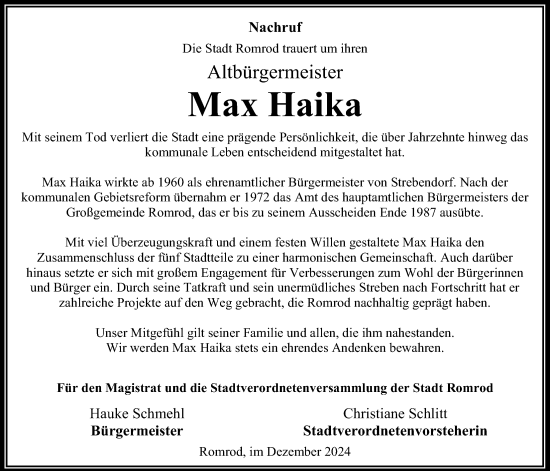 Traueranzeige von Max Haika von Oberhessische Zeitung, Alsfelder Allgemeine