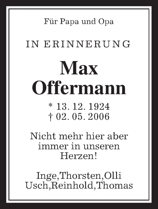 Traueranzeige von Max Offermann von Wetterauer Zeitung, Giessener Allgemeine, Alsfelder Allgemeine