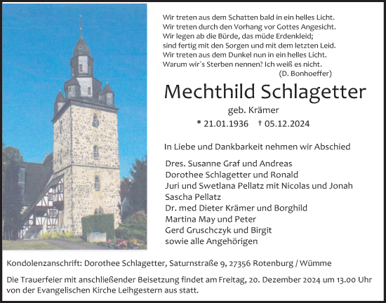 Traueranzeige von Mechthild Schlagetter von Giessener Anzeiger, Giessener Allgemeine, Alsfelder Allgemeine