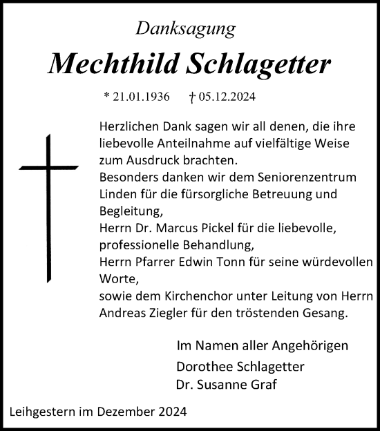 Traueranzeige von Mechthild Schlagetter von Giessener Allgemeine, Alsfelder Allgemeine, Giessener Anzeiger