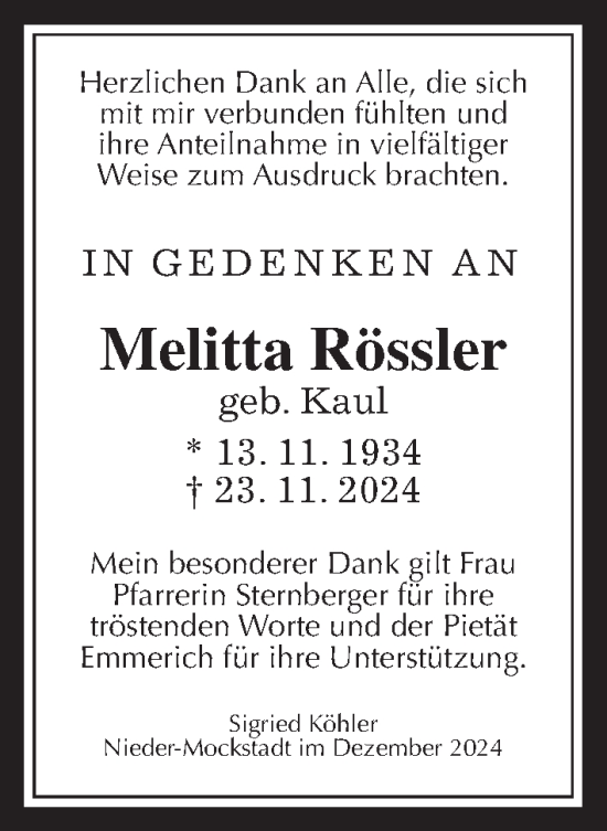 Traueranzeige von Melitta Rössler von Kreis-Anzeiger