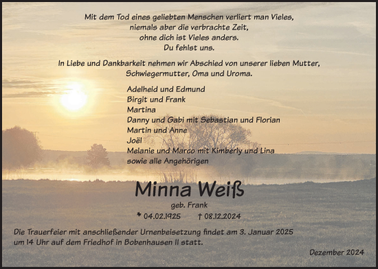 Traueranzeige von Minna Weiß von Giessener Allgemeine, Alsfelder Allgemeine