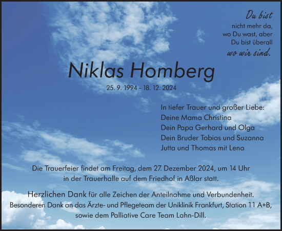 Traueranzeige von Niklas Homberg von Giessener Allgemeine, Alsfelder Allgemeine, Giessener Anzeiger, Giessener Allgemeine, Alsfelder Allgemeine, Giessener Anzeiger