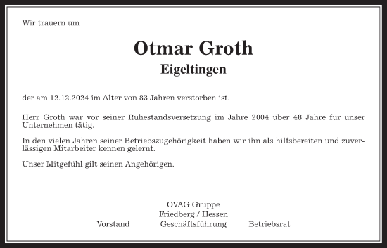 Traueranzeige von Otmar Groth von Wetterauer Zeitung