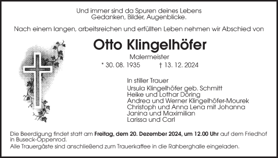 Traueranzeige von Otto Klingelhöfer von Giessener Anzeiger, Giessener Allgemeine, Alsfelder Allgemeine