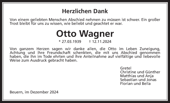Traueranzeige von Otto Wagner von Giessener Anzeiger, Giessener Allgemeine, Alsfelder Allgemeine