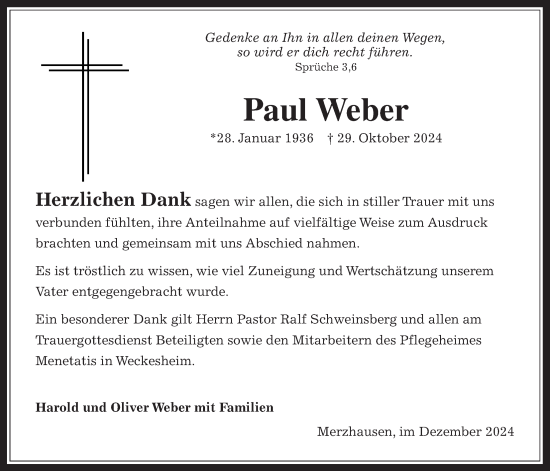 Traueranzeige von Paul Weber von Usinger Anzeiger, Usinger Anzeigenblatt