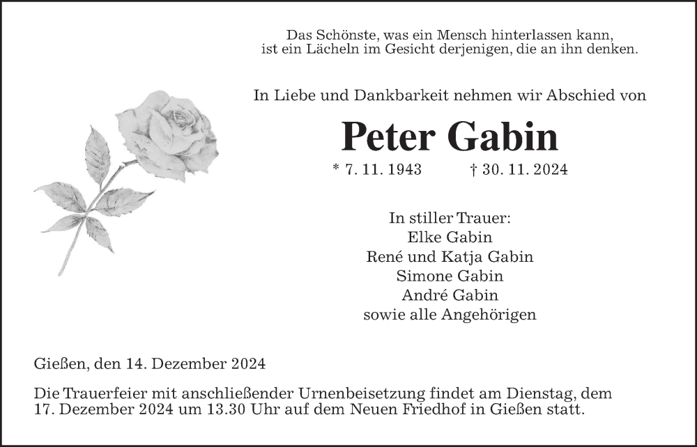  Traueranzeige für Peter Gabin vom 14.12.2024 aus Giessener Anzeiger, Giessener Allgemeine, Alsfelder Allgemeine