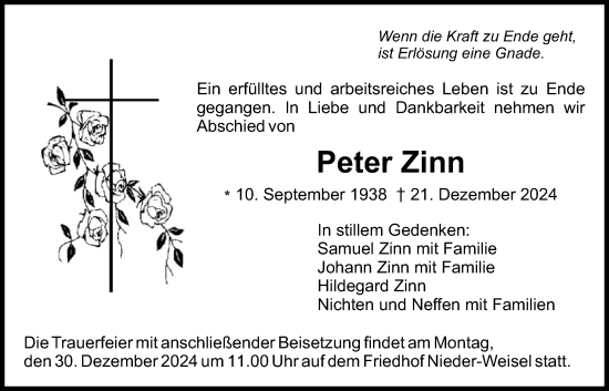 Traueranzeige von Peter Zinn von Butzbacher Zeitung