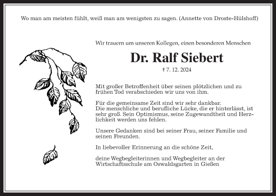 Traueranzeige von Ralf Siebert von Giessener Anzeiger, Giessener Allgemeine, Alsfelder Allgemeine
