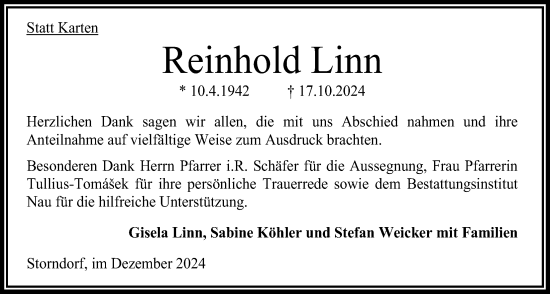 Traueranzeige von Reinhold Linn 