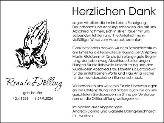 Traueranzeige von Renate Dölling von Licher Wochenblatt