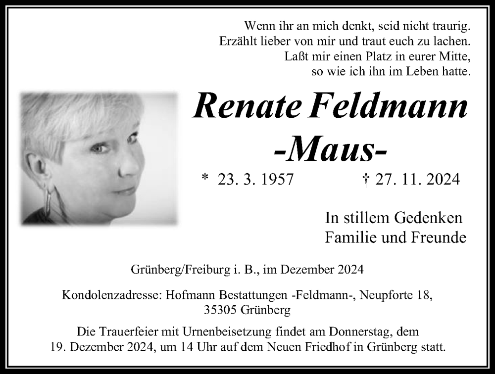  Traueranzeige für Renate Feldmann vom 12.12.2024 aus Heimatzeitung Grünberg + Laubach