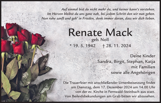 Traueranzeige von Renate Mack von Licher Wochenblatt