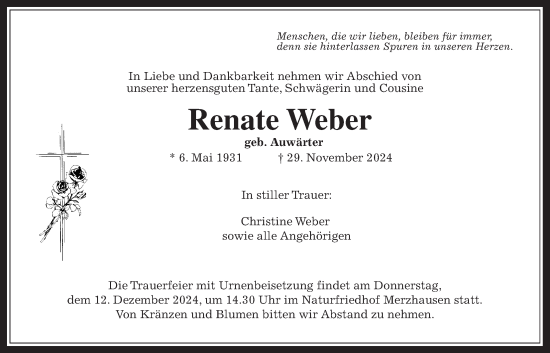 Traueranzeige von Renate Weber von Usinger Anzeiger, Usinger Anzeigenblatt