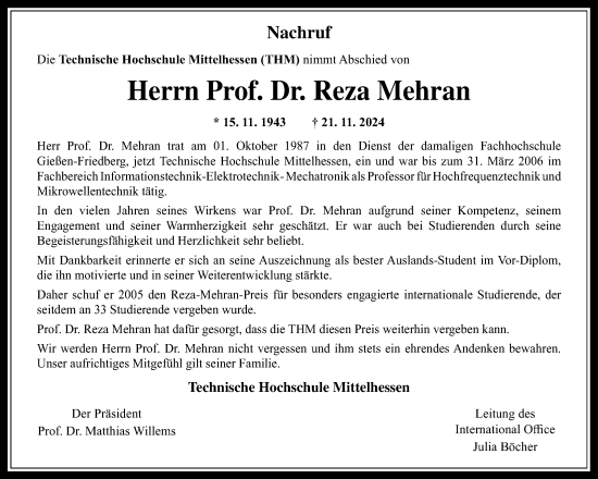 Traueranzeige von Reza Mehran von Giessener Allgemeine, Alsfelder Allgemeine, Wetterauer Zeitung, Giessener Anzeiger, Giessener Allgemeine, Alsfelder Allgemeine, Wetterauer Zeitung, Giessener Anzeiger