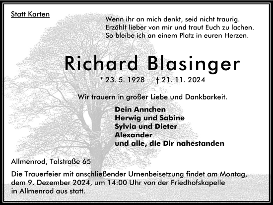 Traueranzeige von Richard Blasinger von Lauterbacher Anzeiger, Oberhessische Zeitung, 