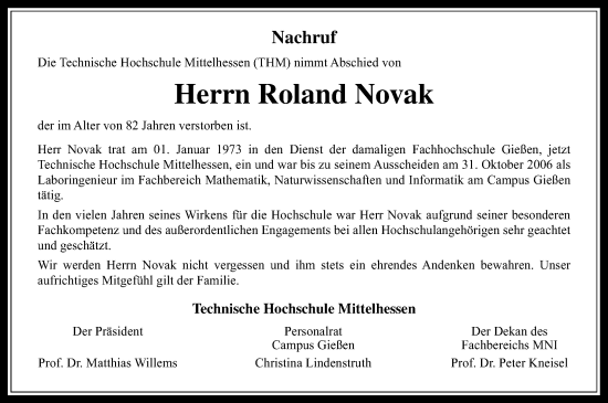 Traueranzeige von Roland Novak von Giessener Allgemeine, Alsfelder Allgemeine, Giessener Anzeiger