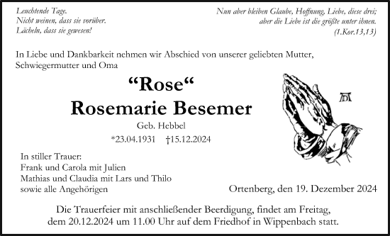 Traueranzeige von Rosemarie Besemer von Kreis-Anzeiger