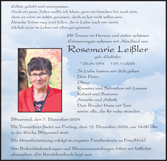 Traueranzeige von Rosemarie Leißler von Lauterbacher Anzeiger
