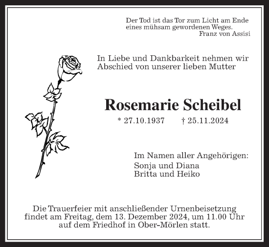 Traueranzeige von Rosemarie Scheibel von Wetterauer Zeitung