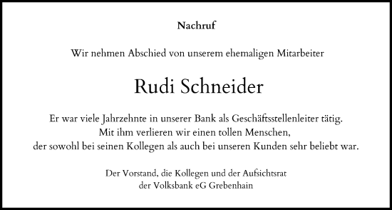 Traueranzeige von Rudi Schneider von Lauterbacher Anzeiger