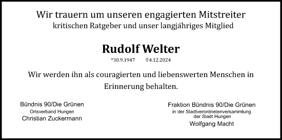 Traueranzeige von Rudolf Welter von Licher Wochenblatt