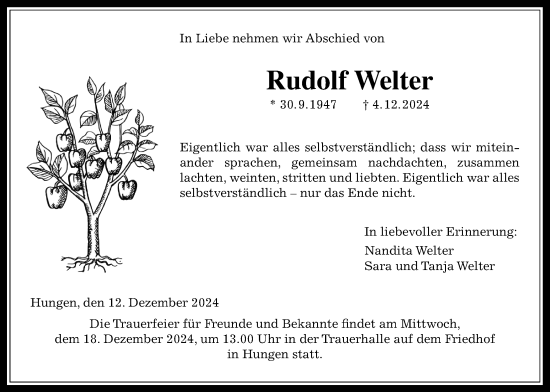 Traueranzeige von Rudolf Welter von Licher Wochenblatt
