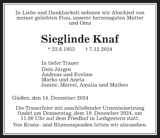Traueranzeige von Sieglinde Knaf von Giessener Anzeiger
