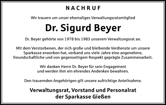 Traueranzeige von Sigurd Beyer von Giessener Allgemeine, Alsfelder Allgemeine, Giessener Anzeiger